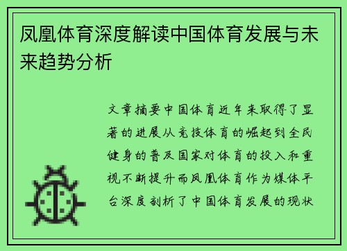 凤凰体育深度解读中国体育发展与未来趋势分析